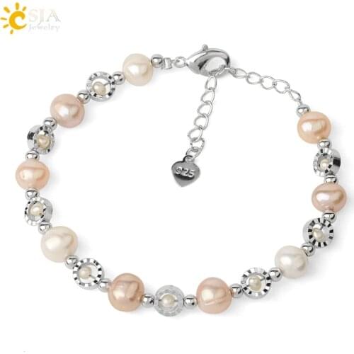 CSJA Natural Pearl Bracelets Baroque Irregular White Pink Pearls Silver Color Adjustable Bracelet Fashion Jewelry for Women G529