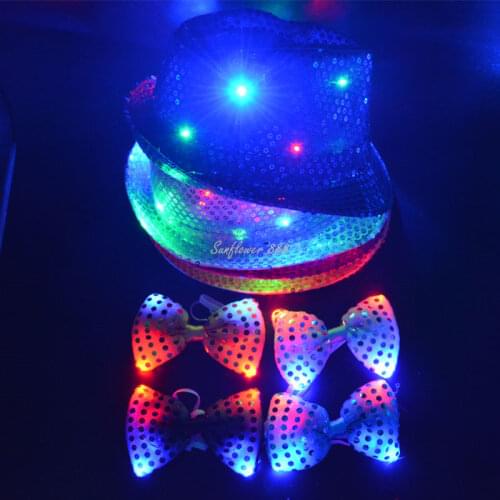 Woman Men LED Light Up Flashing Sequin Jazz Hat Cap Bow Tie Glow Rave Party Wedding Concert Bar Parade Halloween Christmas