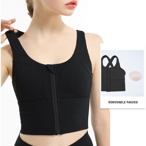 Women Sport Zipper Bra Yoga Black Crop Top Fitness Padded Bralette Workout Gym Underwear Jogging Femme