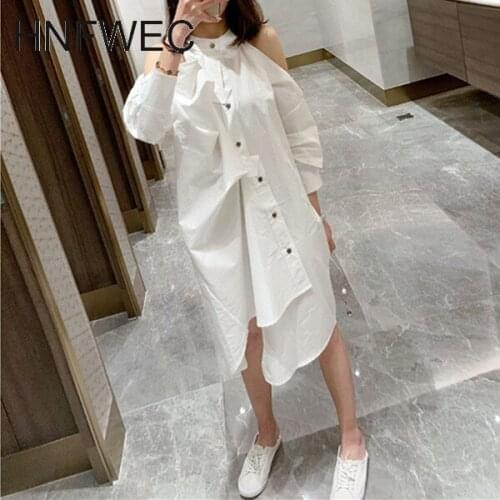 Women Dress Irregular Hollow Out Standing Collar Cotton Dresses Asymmetry Cotton White Long Sexy Dress Women 2019 E122