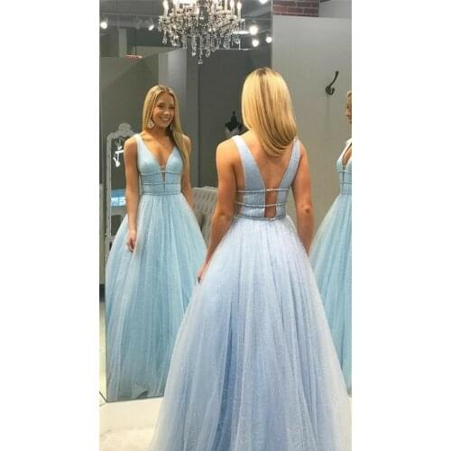 VKBRIDAL Womens Long Light Blue Shine Prom Dresses A-Line V-Neck Sexy Back Formal Evening Homecoming Party Gowns