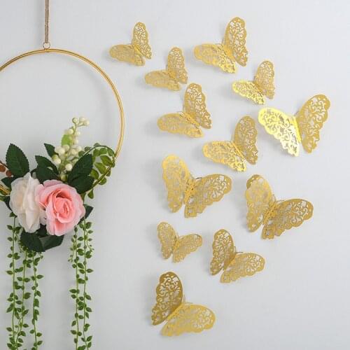 12Pcs 3D Wall Stickers Hollow Rose Gold/Golden/Silver Butterfly Wall Stickers DIY Art Home Decor Wall Decals Wedding Decoration