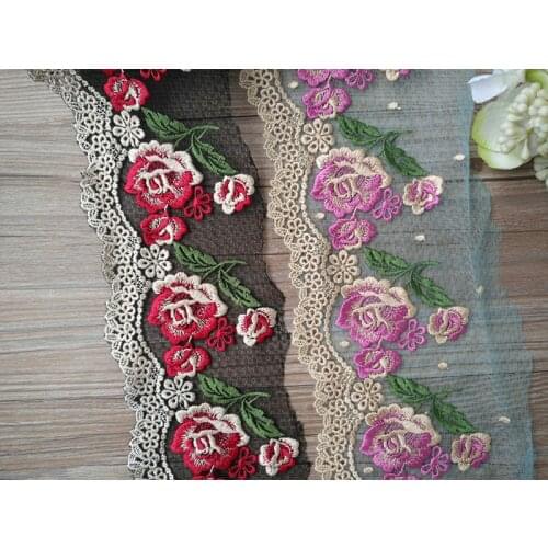 14Yards Black Mesh Tulle Fabric Embroidery Rose Flowers Lace Ribbon Edge Trim For Wedding Dresses Head Veil DIY Sewing Supplies