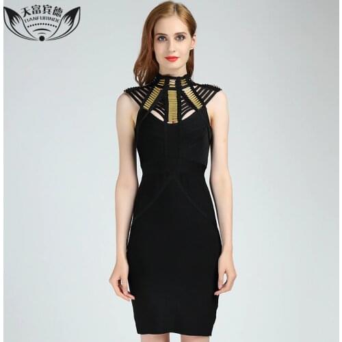 2017 Summer Women Turtleneck Bandage Dresses Knee Length High Elasticity Party Dress Sexy Ladies Sleeveless Black Bandage Dress