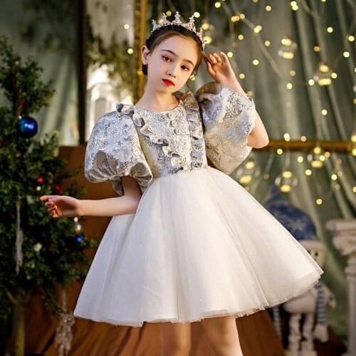 2021 White Fluffy Yarn Flower Girls Wedding Dress Puff Sleeve Kids Dresses For Girls Party Dress Children Princess Carnival