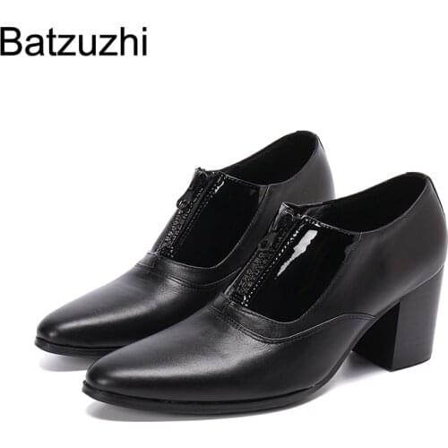 Batzuzhi Japanese Type Mens Shoes 7.5cm High Heel Black Genuine Leather Ankle Boots Men Pointed Toe Business/Party/Wedding Shoe