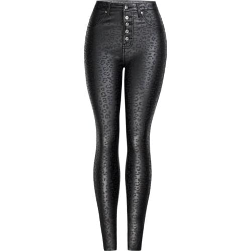 Fashion Leopard Print High Waist PU Pants Women Straight Skinny Pencil Pant Female Push Up Buttons Ladies Trousers Streetwear