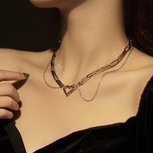 Vogallery Elegant Multilayer Heart Pendants Necklace Women Fashion Silver Color Thick Neck Chains Jewelry Gifts For The New Year