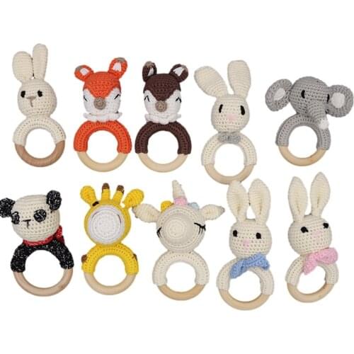 Baby Handmade Crochet Teether Wooden Ring Animal Rattle Chewing Teething Nursing Soother Molar Infant Toy Newborn Gift