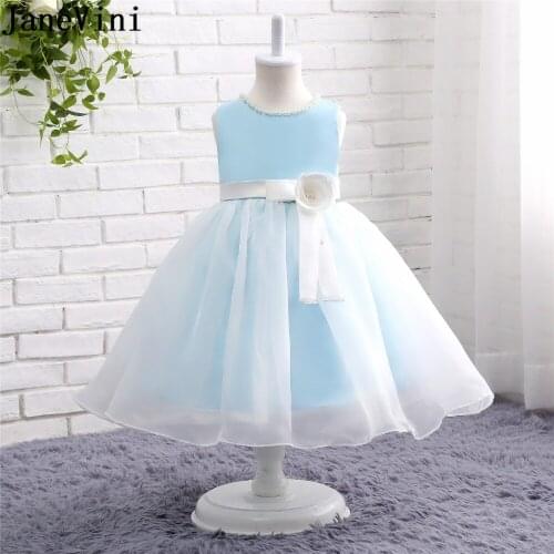 JaneVini Elegant Princess Flower Girl Dresses with Handmade Flowers Pearls A Line Tulle Tea-Length Girls First Communion Dress