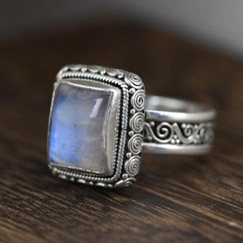 New S925 pure silver woman ring, retro fashion ethnic style inlaid moonstone temperament and literary female ring