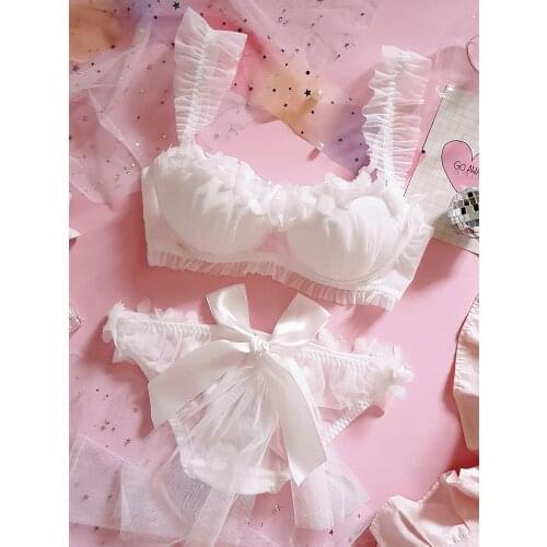 Japanese Sweet Lolita Womens Cute Love Bowknot Mesh Bra & Panties Set Lingerie Set Sexy Young Girl Push Up Bra Underwear Set