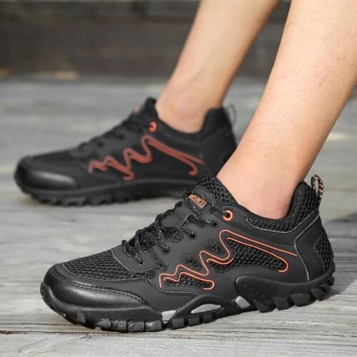 Outdoor Sneakers for Men Summer Rubber Soles Non-Slip Lace-up Mesh Breathable Comfortable Casual Hiking Shoes Men Big Size 39-46