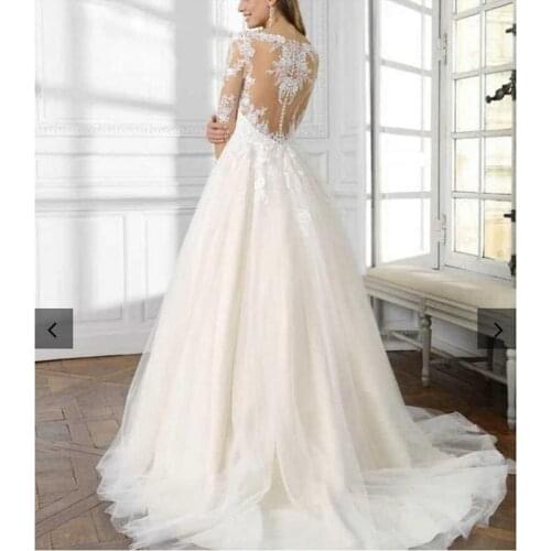 Ivory Lace Tulle Long Sleeves V-Neck Princess A-Line Wedding Dresses Custom Made Layered Skirt Court Train