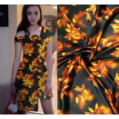 Hot Sale chinese style dress orange Flowers print fabric Brand Stretch Satin Silk Fabric 97% Mulberry Silk Cloth Cheongsam