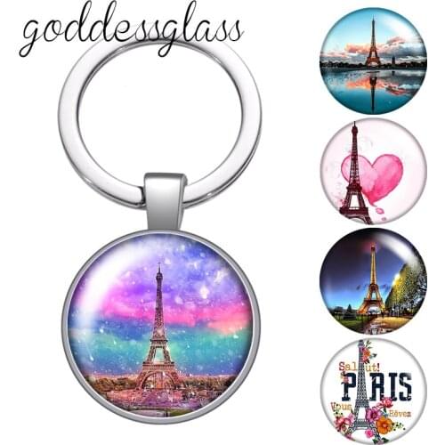 Fashion Eiffel Tower Love Paris beauty Round glass cabochon keychain Bag Car key chain Ring Holder Charms keychains