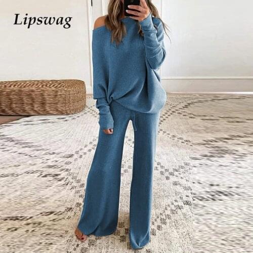 Fashion Casual Solid Color Two Piece Set Women 2020 Winter Elegant O-Neck Pullover Tops And Loose Pants Suits Lady Homewear Sets