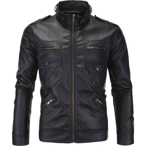 New design Stand Collar Slim fit Men leather jackets and coats Top quality PU jackets Black Casual biker jacket