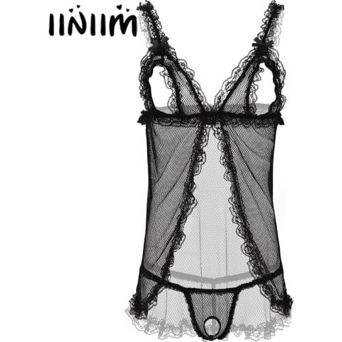 2Pcs Mens Sissy See Through Sheer Fishnet Lace Erotic Lingerie Set Elastic Shoulder Straps Open Cups Tops with G-string Briefs