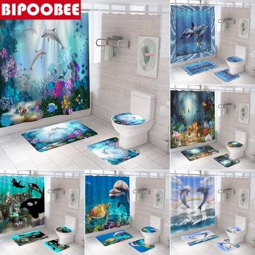 3D Ocean Dolphin Bathroom Curtain Set Bath Mats Toilet Lid Cover Non Slip Carpet Underwater World Shower Curtains with Hooks