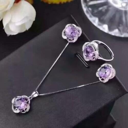 Delicate 1.80Ct Natural Amethyst Jewelry Sets High Purity 8*8mm purple color Gem for Women Party Gifts S925 Silver Fine Jeweller