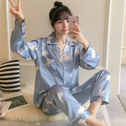 Autumn Plus Size Long Sleeve Silk Satin Pajama Sets for Women Korean Cute Cartoon Sleepwear Pyjama Homewear Pijama Mujer Clothes