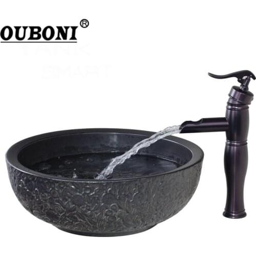 OUBONI Waterfall Oil Black Rubber Faucet Bathroom Sink Washbasin Ceramics Hand-Painted Lavatory Bath Brass Set Faucet Mixer Tap