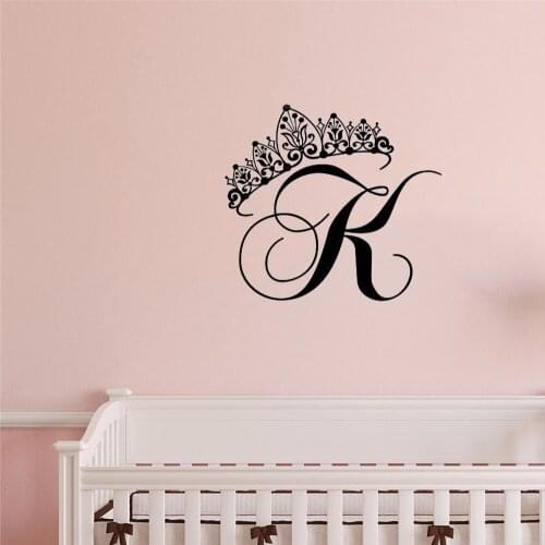 Custom Princess Crown Initial Letter Decal personality Initial wall sticker for kids girl rooms decoration Vinyl Decal ov220