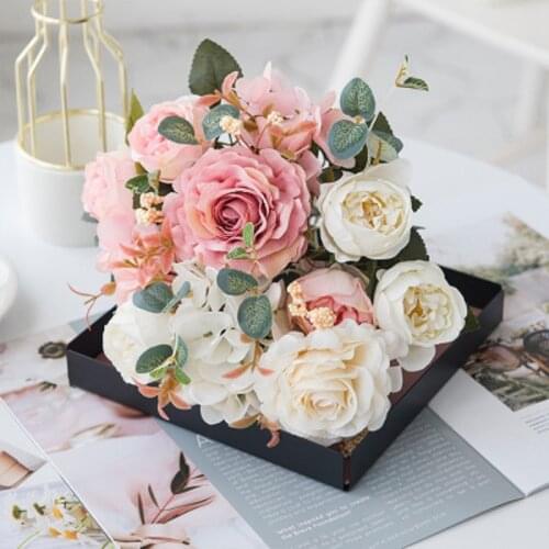 1 Bunch Rose Pink Artificial Flowers lavender Hydrangea Peony Bouquet Vases for Home Decoration Wedding Decorative Fake Flower