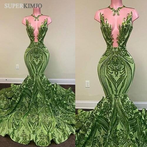 SuperKimJo Robe De Soirée De Mariage Green Sparkly Evening Dresses Long Mermaid Modest Sequin Applique Elegant Formal Gown