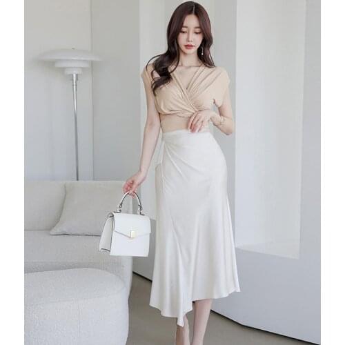 Vintage Short Sleeve Bodycon Tops Sexy Women OL Asymmetrical High Waist Midi Skirt Casual V-Neck Criss-Cross Blouse 2 Pieces Set