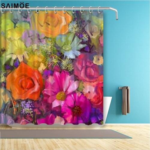 Vibrant Flower Bathroom Curtain Colorful Floral Waterproof Shower Curtain Polyester Fabric Bath Curtain Shower Sets