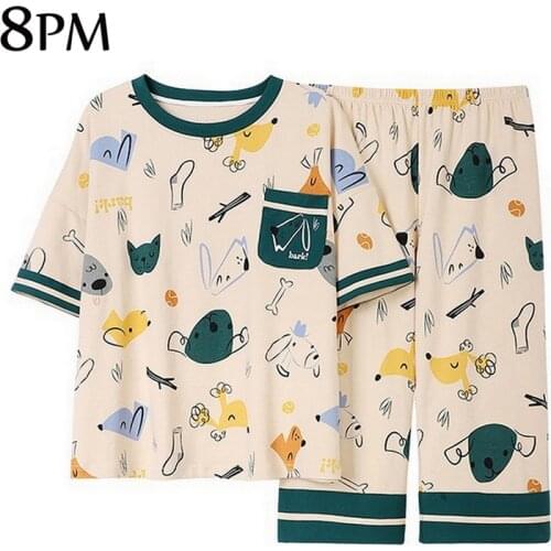 Womens Cute Cartoon Sleepwear Cotton Round Neck Short Sleeves Long Pants Home Clothes Loose Casual Pyjamas For Girls ouc1705