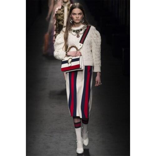 AEL Fashion brand Retro style high quality Womens Skirt Mosaic stripe slim knee length skirt 2018 female elegant clothing