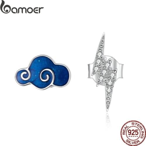 Bamoer Genuine 925 Sterling Silver CZ Stone Clouds and Lightning stud Earrings for Women Girl Anti-allergy Jewelry BSE429