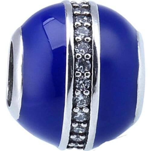Authentic S925 Bead fit Lady Bracelet Bangle Midnight Blue Enamel Crystal Orbit Charms For Women DIY Jewelry