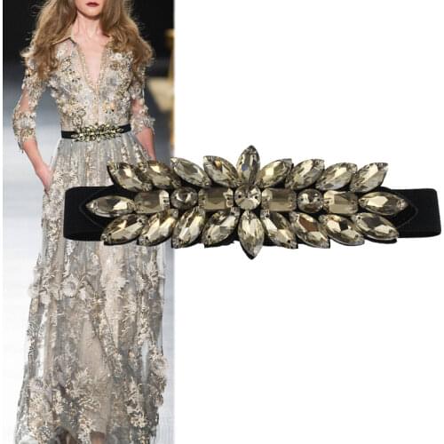 Womens Belt Elastic Waistband Female Hand-inlaid Crystal Rhinestone Waist Seal Decorative Dress with Dress Girdle Cummerbunds