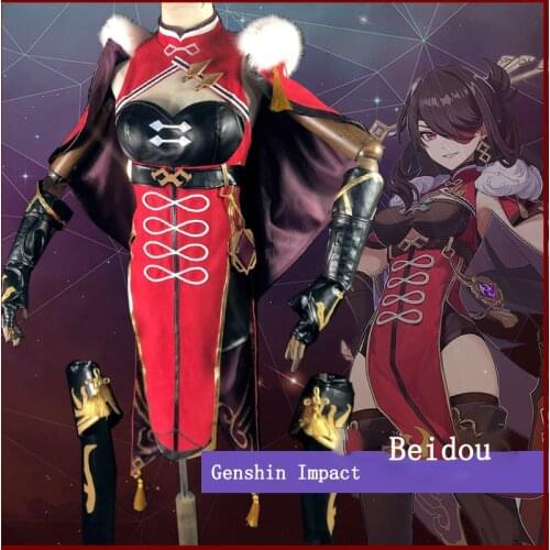 Genshin Impact Cosplay Costume Beidou Costume Women Black Red Costume Halloween Dress Cloak Pants Glove Beidou Wigs Role Play