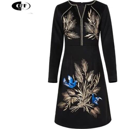 Designer Runway Autumn Spring Midi Black Dresses For Women O-neck Bird Embroidery Long Sleeve Vintage Chic Lady Dress Vestidos
