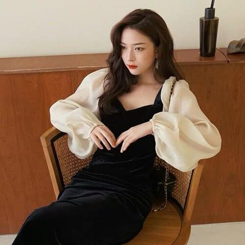 2021 Autumn Winter Velvet Dress Women Mesh Patchwork Puff Sleeve Party Dress Plus Size Long Dresses Female Dress vestidos