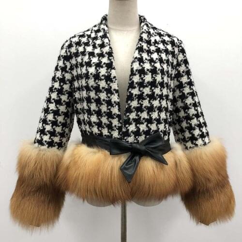 Womens Thousand Bird Lattice Short Coat High Quality Fashion Wool Coat Fox Fur At Hem Cuff