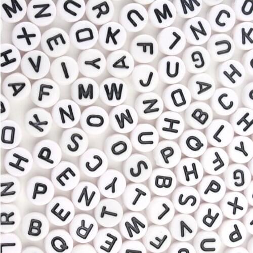 100pcs White Mixed English Letter Acrylic Beads Flat Round Alphabet Bead For Jewelry Making DIY Charm Bracelet Accessories 4x7mm