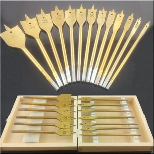 13 pcs/set Flat Spade Drill Bits Set Titanium Coating Wood Boring Bit Hex Shank Woodworking Flat Drill Set with Wood Box