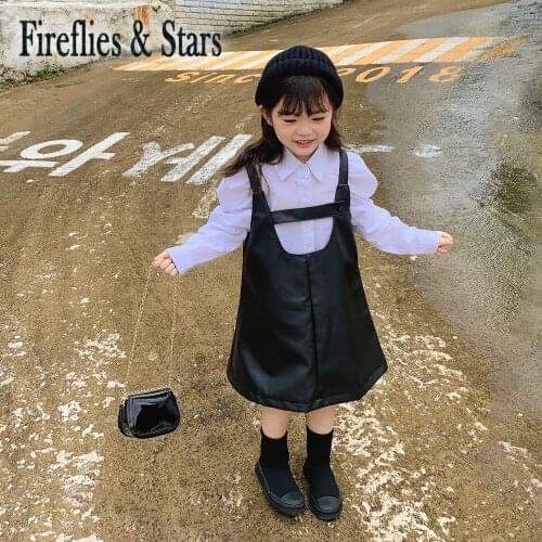 Spring Autumn girls 2 pcs set baby blouse + PU dress kids suits children fashion clothes pleated puff sleeve strap 2 to 9 yrs