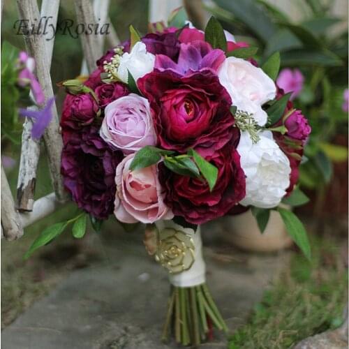 EillyRosia Brand Bridal Bouquet Burgundy Dark Purple Peony Anemone Roses Artificial Wedding Flowers for Bride Decoration 2020