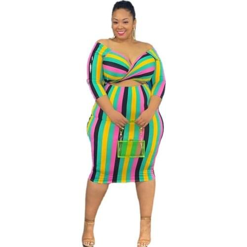 Color Striped Print Women Plus Size Sexy Party Dress INS Hottest Deep V-neck Hollow Out Bodycon Knee-Length Dresses 2021 Summer