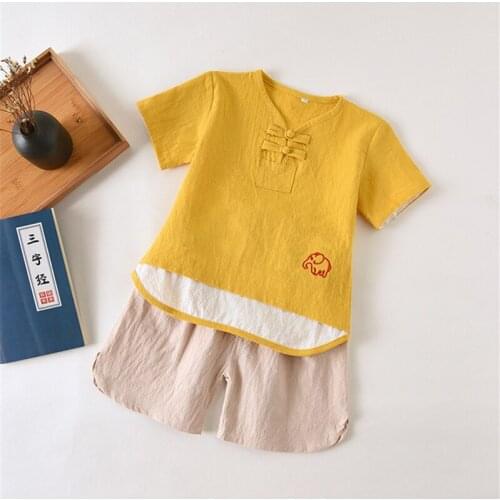 Childrens Chinese style suit Hanfu mens summer clothes new male baby Hanfu retro yellow vestido chino 2020