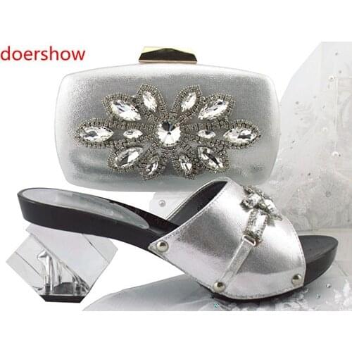 Doershow Nigeria silver Sandal Shoes And Bag To Match High Quality Fashion African Italian Shoes And Matching Bag Set!!SH1-46