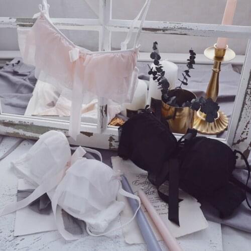 Ruffles Trim Double Layers Bra & Panties Set Wirefree Soft Underwear Sleep Intimates Set Kawaii Lolita Fairy Kei