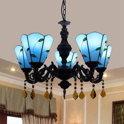 European-Style Simple Modern Mediterranean Creative Tiffany Colored Glass Living Room Restaurant Bar Crystal 5 Chandelier